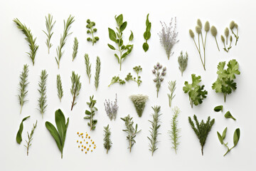 Various green herbs or spices isolated on white background, top view.generative ai
 - Powered by Adobe