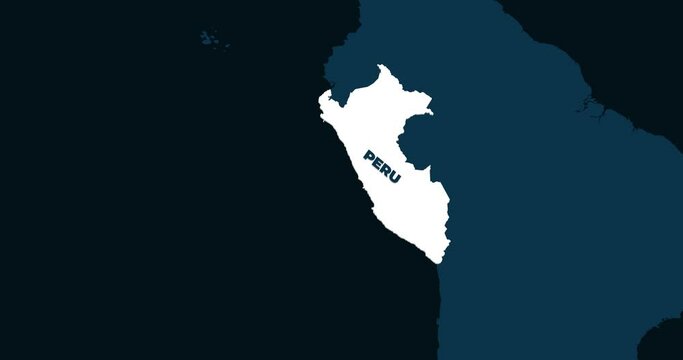 World Map Zoom In To Peru. Animation in 4K Video. White Peru Territory On Dark Blue World Map