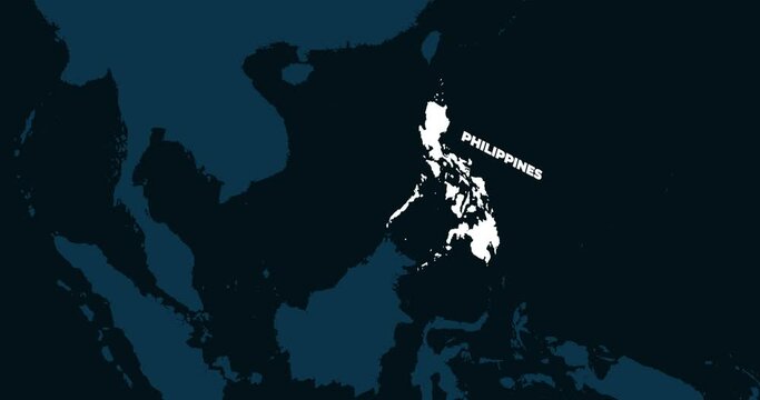 World Map Zoom In To Philippines. Animation in 4K Video. White Philippines Territory On Dark Blue World Map