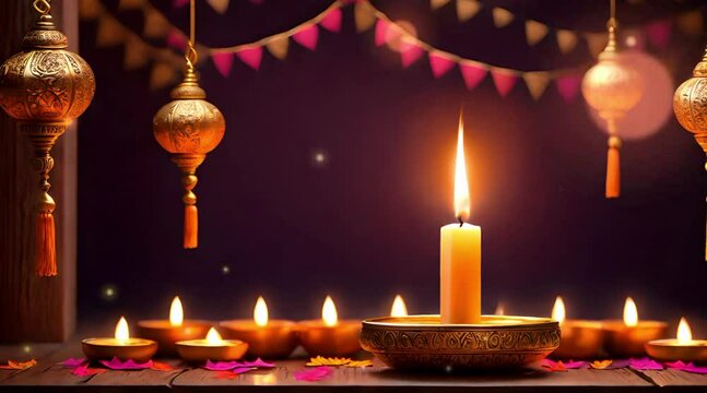 Happy diwali text animation background with oil candle lamp