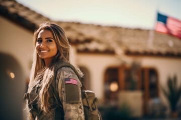 Happy female soldier looking away with a smile while standing outside her house with her bag, American servicewoman coming back home after serving her country in the military - obrazy, fototapety, plakaty