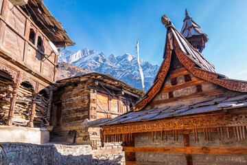 Kamru Fort is an ancient wooden fort built 1000 years old on a hill a few kilometres from Sangla town in the Kinnaur district of Himachal Pradesh, India - obrazy, fototapety, plakaty