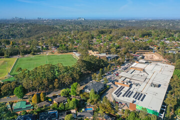 Fototapeta na wymiar Panoramic drone aerial photo of a residential and shopping area in the Northern Beaches