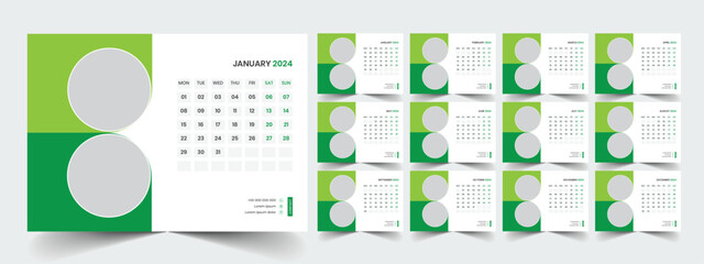 Calendar 2024 planner corporate template design set. Week starts on Monday. template for annual calendar 2024