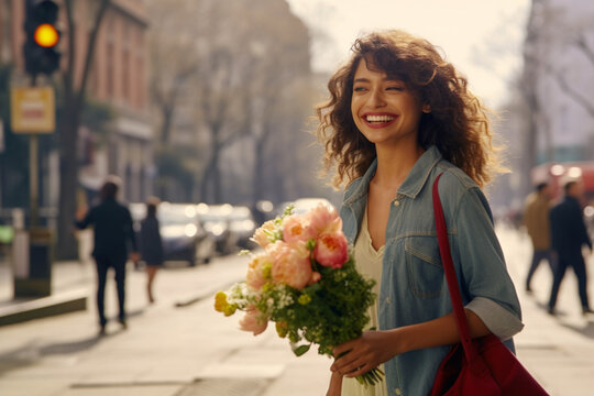 Happy Woman Holding Bouquet Of Flowers And Walking At The City Street