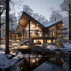Fototapeta premium countryside holiday in the forest, winter season and vacation, modern house among trees. warm and cozy concept. square