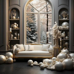Modern interior with beige sofa and big window. house design, luxury lifestyle, relax and holiday concept. Scandinavian style. winter vacation. square