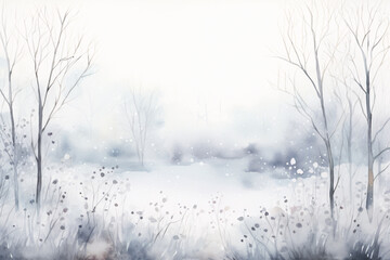 A Watercolor Winter Forest Painting, Capturing the Serene Beauty and Mystique of a Snow-Laden Woodland in the Heart of Winter