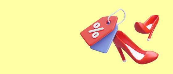 3d model of shoes on heels and tag with percent on yellow background with place for text. Shopping for female concept. Vector illustration yellow and red colors