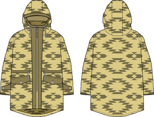 Hoodie fleece jacket design flat sketch Illustration, Hooded sweatshirt jacket with front and back view, hooded winter jacket for Men and women. for training, skiing, Running and workout in winter © JERZEY DESINZ