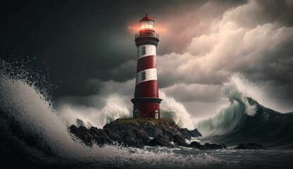 AI generated illustration of a dramatic lighthouse standing tall amidst a fierce storm - obrazy, fototapety, plakaty