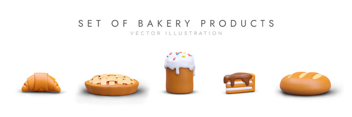 Set of realistic pastries on white background. 3D croissant, pie with lattice, Easter cake, piece of cake, bread. Color illustrations, icons for bakery, culinary department, confectionery, cafe