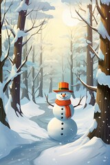 Obraz premium AI generated illustration of a cheerful snowman wearing a vibrant orange hat in the pristine winter