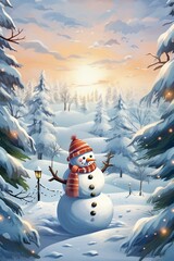 Obraz premium AI generated illustration of an idyllic winter scene with a snowman in the foreground