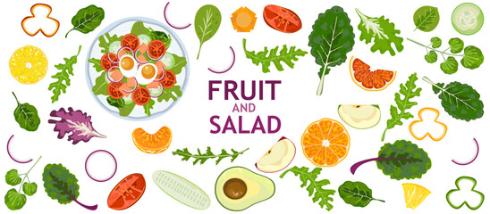 Set of vector illustrations of fruits and salads healthy food Cute colorful fresh vegetable and fruit illustrations for farm product design. Vegetarian shop. Market sign.