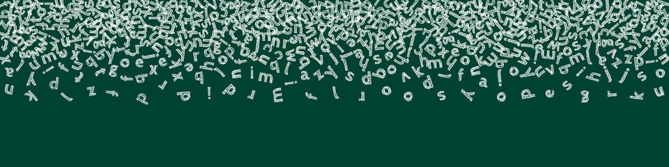 Falling letters of English language. Childish chalk flying words of Latin alphabet. Foreign languages study concept. Perfect back to school banner on blackboard background.