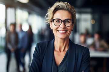 Leadership, portrait and business woman in the office with positive, happy and optimistic mindset, Happiness, smile and professional mature female executive boss standing with confidence in workplace - obrazy, fototapety, plakaty