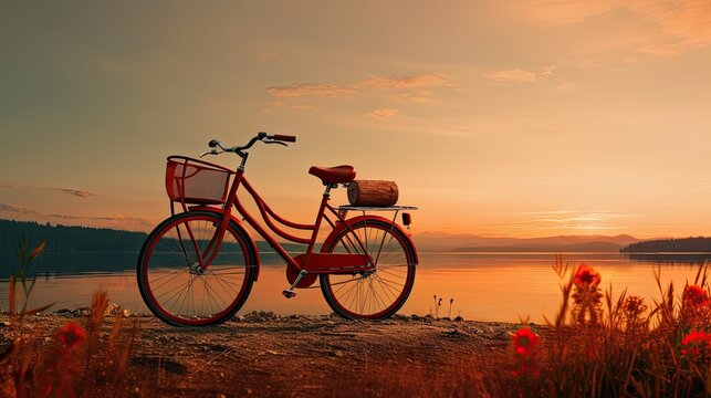 beautiful view of antique bicycles parked by the river at sunset