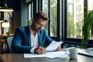 Fototapeta na wymiar Male entrepreneur or businessman expert reading documents at office, Manager checking report, Thinking businessman lawyer analyzing deal contract papers, Company finance manager accountant