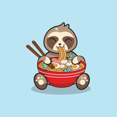 Cute sloth eating ramen noodle cartoon vector flat illustration