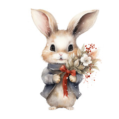watercolor rabbits happy with flower