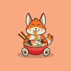Cute fox eating ramen noodle cartoon vector flat illustration