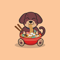 Cute dog eating ramen noodle cartoon vector flat illustration
