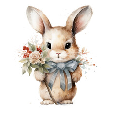 watercolor rabbits happy with flower