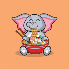 Cute elephant eating ramen bowl with chopstick cartoon vector flat illustration