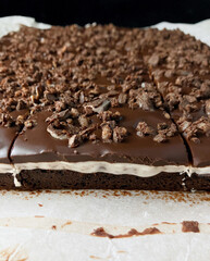 Chocolate mint brownie with fondant and ganache (front view close up)