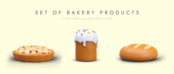 Set of bakery products. Round pie with jam, Easter cake with white cream and round loaf. Bakery concept. Vector illustration in 3d style with place for text
