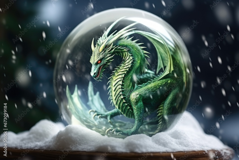 Poster a snow globe featuring a green dragon inside. perfect for adding a touch of whimsy to your home deco