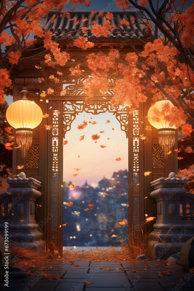 Poster A picture of a gate with lanterns in the middle. This image can be used to depict entrances, pathways, or to create a sense of mystery and intrigue.