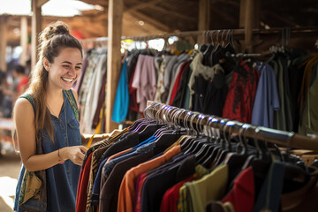 Joyful Young Woman Enjoying Sustainable Shopping at a Sunlit Outdoor Flea Market, Searching Through Second-Hand Clothes on Racks, Slow Fashion - obrazy, fototapety, plakaty