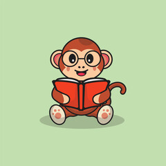 Cute Monkey wear glasses with book Cartoon Vector Flat Illustration Studying Animal Icon