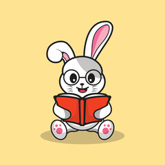 Cute Rabbit wear glasses with book Cartoon Vector Flat Illustration Studying Animal Icon