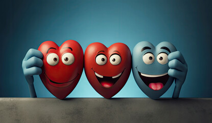 A picture of three finger faces holding heart, in the style of matte background, parodic, cartoon mis-en-scene.