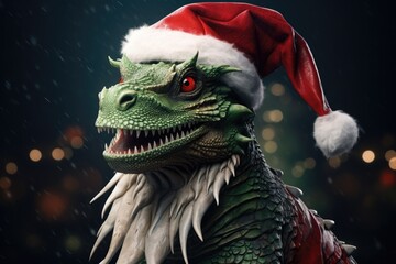 A close up of a dinosaur wearing a festive Santa hat. Perfect for holiday-themed designs and Christmas promotions.
