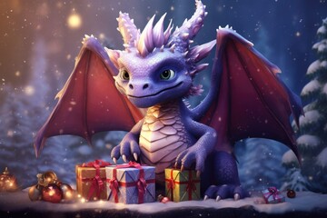 A purple dragon sitting on top of a pile of presents. This image can be used to depict fantasy, celebration, or magical themes.