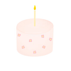 Illustrator of pink cake with flower decoration and candle in PNG format.