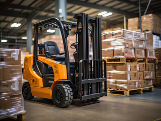 A large warehouse is the backdrop for a forklift lifting product pallets.
