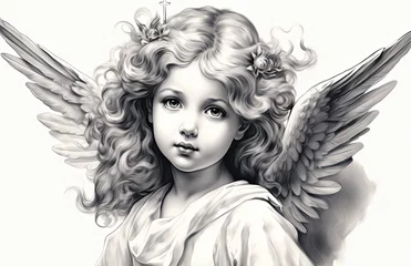 Deurstickers A black and white image of a child angel, white background. © zakiroff