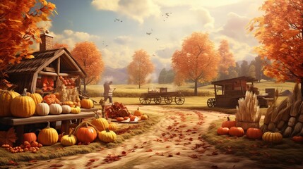 Authentic Thanksgiving Day traditions in a rural countryside, vegetable harvest outdoors and autumn leaves and trees background.