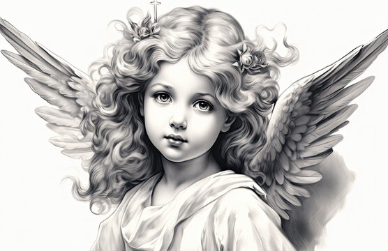 A black and white image of a child angel, white background.
