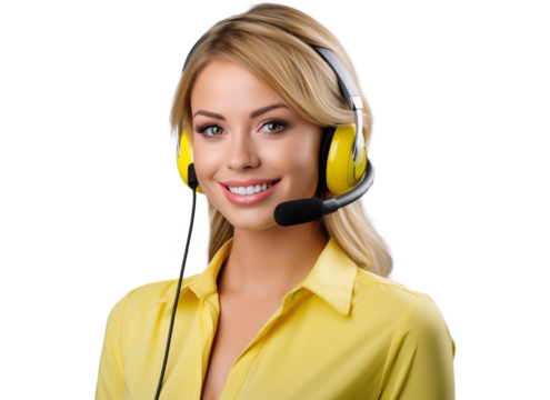 portrait of a young woman customer service representative wearing headphones in yellow clothes with a gentle smile, providing support and assistance for call center