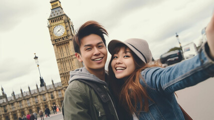copy space, stockphoto, young couple taking a selfie against the background of London's Big Ben. Happy cheerful couple taking a selfie on a city trip in london. Famous must-see landmark. Travel concep