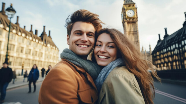 copy space, stockphoto, young couple taking a selfie against the background of London's Big Ben. Happy cheerful couple taking a selfie on a city trip in london. Famous must-see landmark. Travel concep