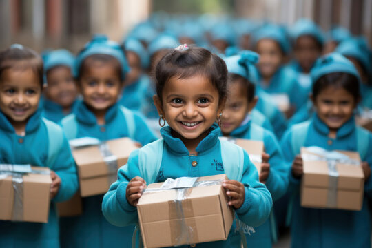 Happy kids with gift boxes in hand in the International Day of Charity