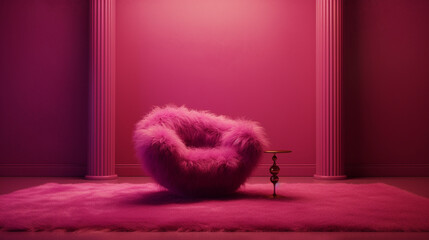 Modern stylish interior with pink fur fluffy armchair and minimal wall. Generative AI