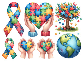 Set of puzzle piece in autism awareness, hands holding heart with puzzle pattern, tree with puzzle-leaves and Earth, vivid jigsaw-patterned icons representing unity